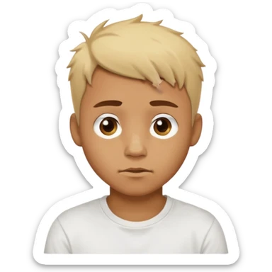 caramel skin colored Male with short buzz, messy blonde hair, large expressive golden-brown eyes, brown skin color, scar over nose, wearing a plain white t-shirt. sticker