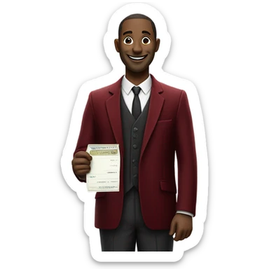 fat guy in dark red velvet suit holding cheque sticker