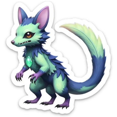 Realistic Sharp swampy mossy elemental detailed Colorful translucent luminescent glowing Trico-Noibat-batty-Sergal-Furret-Ferret-Wolverine-Vernid-furry-fursona-fusion-Fakemon-animal-hybrid-creature, full body sticker