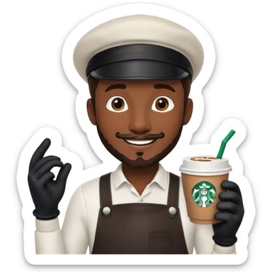 starbucks barista with a short beard and a paperboy cap wearing black gloves and smiling sticker