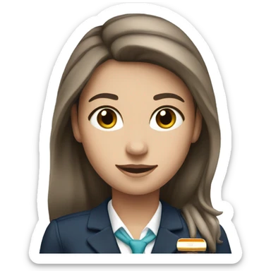 Flight attendant with long brown hair and white skin and an airline scarf sticker