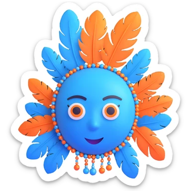 blue avatar emoji, decorated with feathers and beads, expressive and friendly, inspired by the reference sticker