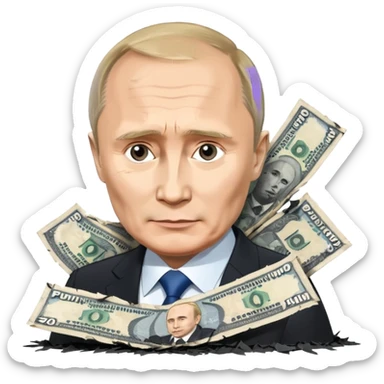 single stack of russian ruble notes with Vladmir Putin's picture on them blown into pieces because of explosion sticker
