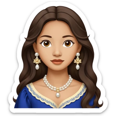 Tan Filipino woman with dark brown eyes and long dark wavy hair parted in the middle wearing a traditional filipiniana and white pearl stud earrings and no other jewelry sticker