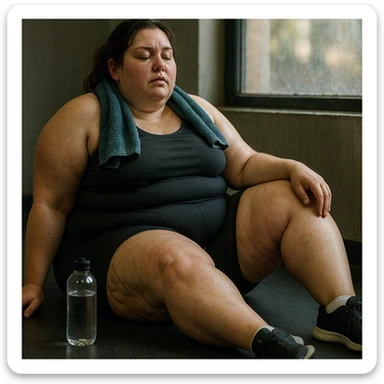 overweight woman relaxing after training, stubborn fat on legs and thighs, hyper realistic 4K style, skin details, reflective atmosphere sticker