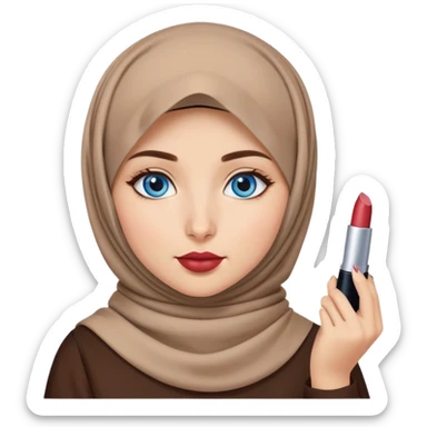 Turkish beautiful finish Konya girl blue eyes with brown beige hijab islamic dress and had on her hand lipstick sticker