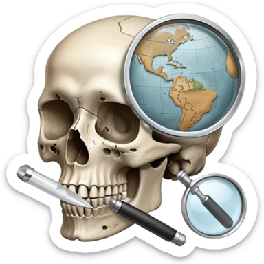 An icon featuring a human skull and fossils, representing anthropology. The design includes a magnifying glass and a map of ancient human migration paths, symbolizing the study of human evolution and cultures. Transparent background highlights the scientific exploration of humanity’s past. sticker