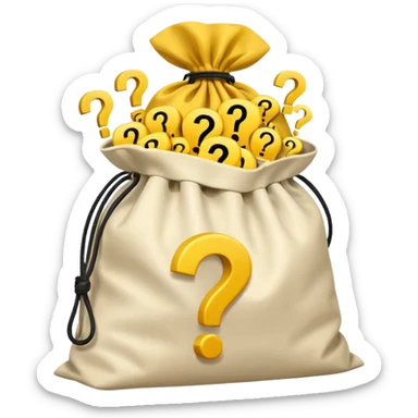 tied bag printed with q&a overstuffed with yellow question marks sticker