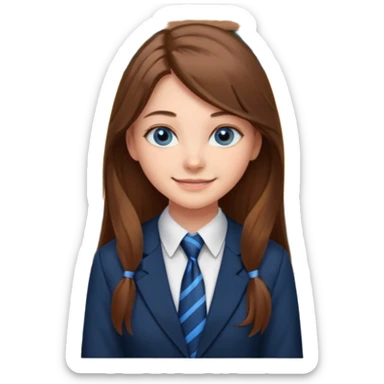 high school class room with a pretty female high school student with long brown hair, blue eyes, wearing a tie, sitting in front of the blackboard sticker