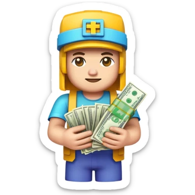 emoji style icon, minecraft blocky character holding a stack of money, pixel art style, bright colors, simple background, 3D glossy emoji, centered composition, soft shadow, high detail, clean outline, white background sticker