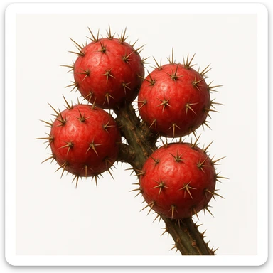 cluster of red round Stenocereus fruits with short cactus spikes on a branch, realistic style, white background sticker