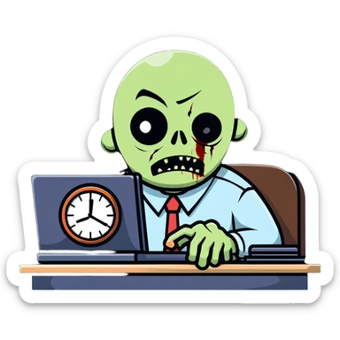 tired zombie office worker staring at clock waiting for break time sticker
