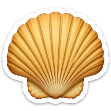 A madeleine pastry. Scalloped seashell shape with four to five vertical lines going in the same direction. Light golden brown. Scalloped edge. Cookie. Flat. sticker