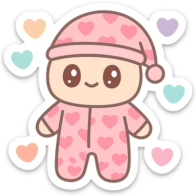 pink pajamas covered in heart prints, surrounded by floating hearts, adorable and inviting sticker