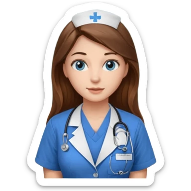 university classroom that says nursing school on the board with a pretty female nursing student with long brown hair, blue eyes sticker