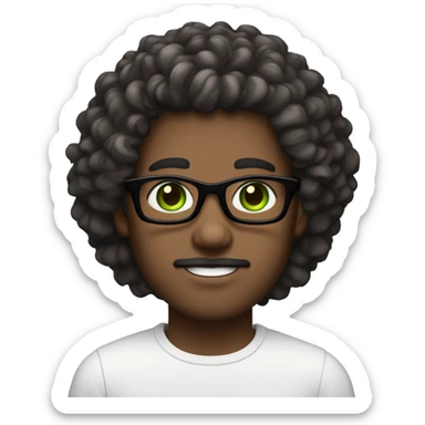 Guy with green eyes and black specs, white skin curly hair, small goate below the lips. Hair colour is dark brown, fade hairstyle - is designing sticker