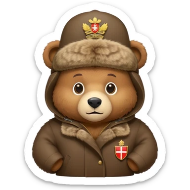 Cute brown bear in Russian fur ushanka hat with coat of arms pin, front view, iOS emoji style sticker