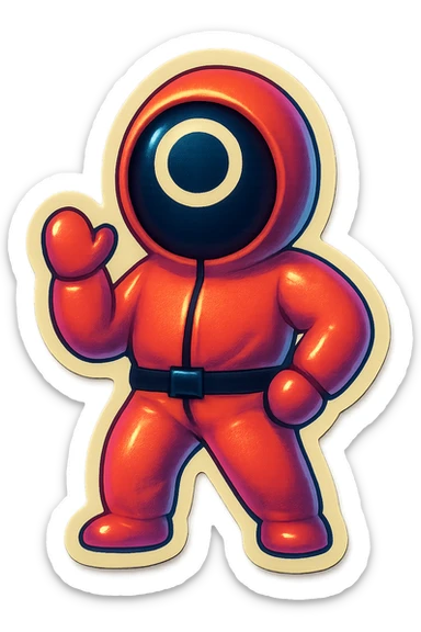 squid game guard with circle mask, sticker style, white border, playful sticker