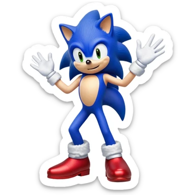 "A high-quality digital illustration of Sonic the Hedgehog in his Sonic the Hedgehog 3 design. He is standing and facing directly forward, smiling cheerfully. One of his hands is raised in a friendly 'hi' gesture, while the other rests naturally. His blue fur, red shoes, and white gloves are vibrant and well-defined. The background is completely transparent, making the character standalone. The art style closely resembles official Sonic the Hedgehog 3 promotional artwork, with smooth shading, bright colors, and crisp outlines." sticker