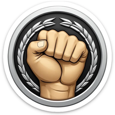 Round emblem symbolizing combat sports, featuring a clenched fist facing forward at the center. The fist is bold and strong, representing power and skill in martial arts. Surrounding the fist are dynamic lines, giving the emblem a sense of motion and energy. sticker