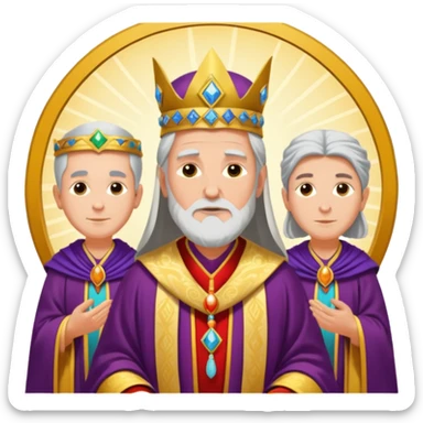 The Hierophant tarot card emoji, inspired by Rider Waite Smith deck, spiritual leader with two followers, concise, vibrant sticker