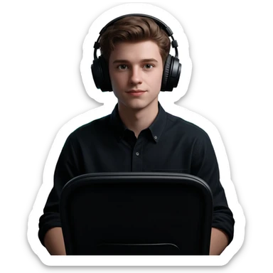 Professional portrait of a young male video editor, confident expression, wearing headphones, sitting at a modern editing workstation with monitors showing video timelines, dark minimal background, cinematic lighting, clean and professional look, high detail, 4k. sticker