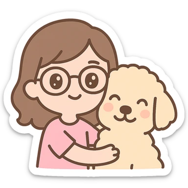chibi style brunette female with glasses smiling with her cream colored goldendoodle, both smiling sticker