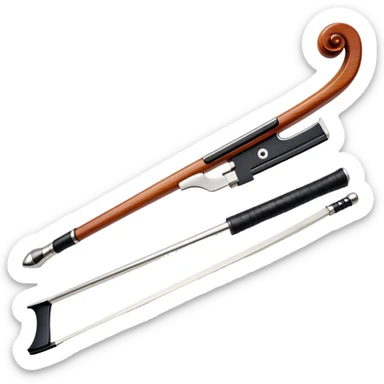 Create a detailed emoji representing a cello bow. The design should feature the elegant and slender shape of the bow, with visible intricate details like the fine wood texture, the metal ferrule, and the soft horsehair stretched tightly across it. Include subtle accents like the leather grip near the frog and delicate wooden finish. The bow should have a classic, polished look, with a touch of sophistication. Use warm wooden tones, silver, and black to highlight the craftsmanship of a professional cello bow. The background should be transparent. sticker