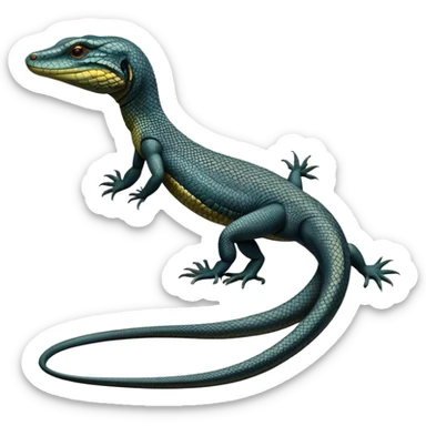 cinematic-monitor-lizard-realistic-full-body-standing-emoji,-long-powerful-tail-dragging-slightly-behind,-sleek-scaled-body-textured-with-rich-patterns,-head-tilted-dramatically,-dark-intense-eyes-observing-its-surroundings,-simplified-yet-realistic-focused-features,-highly-detailed,-glowing-with-an-almost-sarcastic-glow sticker