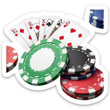 A photorealistic icon featuring playing cards and a stack of poker chips on a green felt table. Bright, detailed design with realistic textures and lighting. Transparent background, clearly symbolizing card games and strategy. sticker