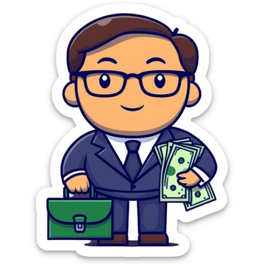 businessman in suit and glasses with an open briefcase full of dollar bills sticker