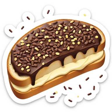 Hagelslag Cinematic Realistic Hagelslag Treat Emoji, depicted as crunchy chocolate sprinkles scattered on a slice of buttered bread, rendered with vivid textures and playful, inviting lighting. sticker