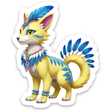 Kawaii cute yellow, blue, pink, exotic tribal beautiful pretty elegant divine edgy feline-vernid-sergal-Fakémon-Pokémon-Digimon-fursona-animal-creature with bracelet, necklace, full body, with intricate detailed markings, feather headdress  sticker