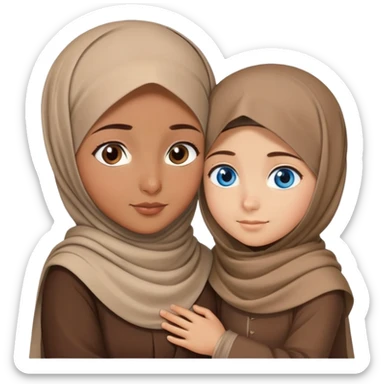Turkish beautiful finish Konya girl blue eyes with brown beige hijab islamic dress and hugs with brother  sticker