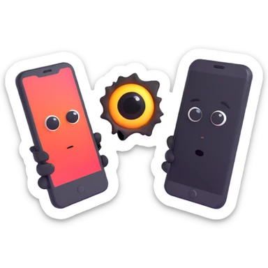 two wide open eyes looking at a smartphone with a mysterious black hole nearby sticker