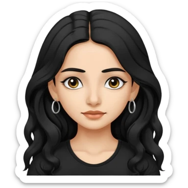 a pretty FAIR indian bratz girl with wavy long black hair, wearing a black tshirt, eyeliner on. no earrings sticker