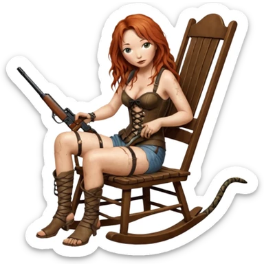 cinematic ultra HD Tori Amos casually crouches on a rocking chair in a torn corset, holding ashotgun and with muddy feet. a bronze snake wrapped itself around the chair sticker