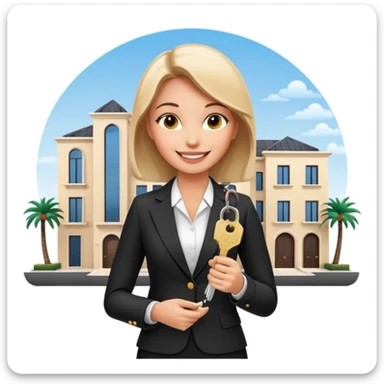 woman in an elegant suit, holding house keys, smiling, with a modern Dubai-style townhouse in the background sticker