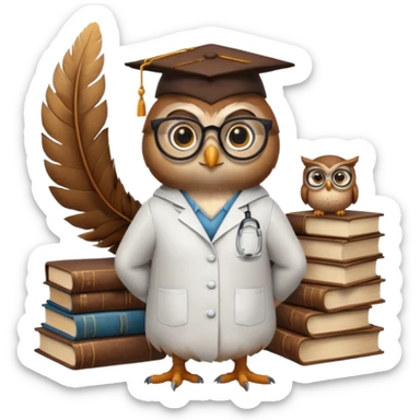 Wise bird with glasses, wearing a lab coat, perched on a stack of books. sticker