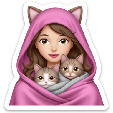 girl with long wavy brown hair, brown eyes, long lashes makeup, sexy pink lips, light to medium complexion, wearing a pink sexy silk top, big blanket over the head cozy holding a cat sticker