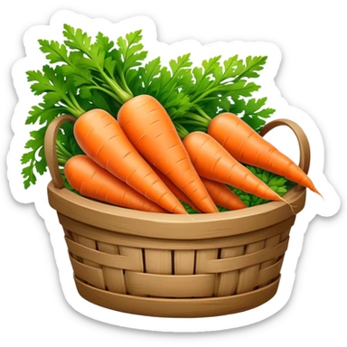 Cinematic vibrant orange carrot, crisp and fresh, slightly twisted with green leafy tops, arranged in a rustic wooden basket, natural and inviting. sticker