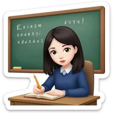 Girl with dark hair, pale skin, studying sticker