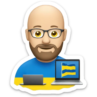 bald man with a beard and laptop, make a ukrainian flag on a laptop logo sticker