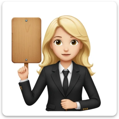 Blonde long wavy hair girl with black office blazer holding a wooden board with a sign 10/10 sticker