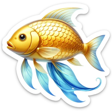 Ethereal golden fish with translucent glowing scales transforming into or carrying a shining golden omega-3 capsule. The fish appears magical and flowing, with streams of light connecting it to the capsule. Both elements emit a soft radiant glow in a dreamy atmosphere with subtle blue undertones. sticker