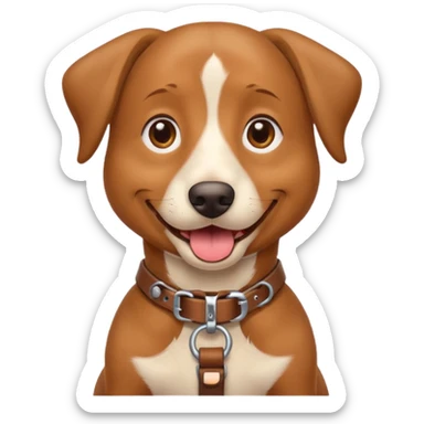 A friendly brown dog sitting upright with its tongue out and ears relaxed. The dog wears a tan harness and collar, giving a trained, service-dog look. Its expression is happy and attentive, with bright eyes and a slightly open mouth. sticker