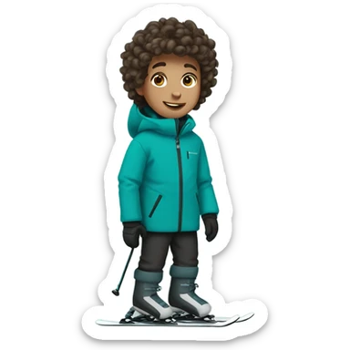 Boy with curly brown hair. Skiing on teal skis. Wearing black snow pants and a gray snow coat sticker