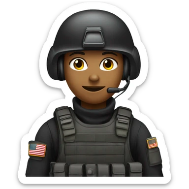 Military operator dressed in black with a helmet, without glasses, wearing a headset, ready to respond to alerts, preferably female, no country badge sticker