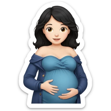 pregnant woman with wavy black hair happily touching her big belly while wearing warm clothes and a thin coat slightly drop of her shoulder sticker