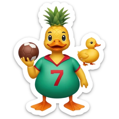 Green pineapple wearing a pool suit, a duck float, and a red football shirt with the number 7 sticker